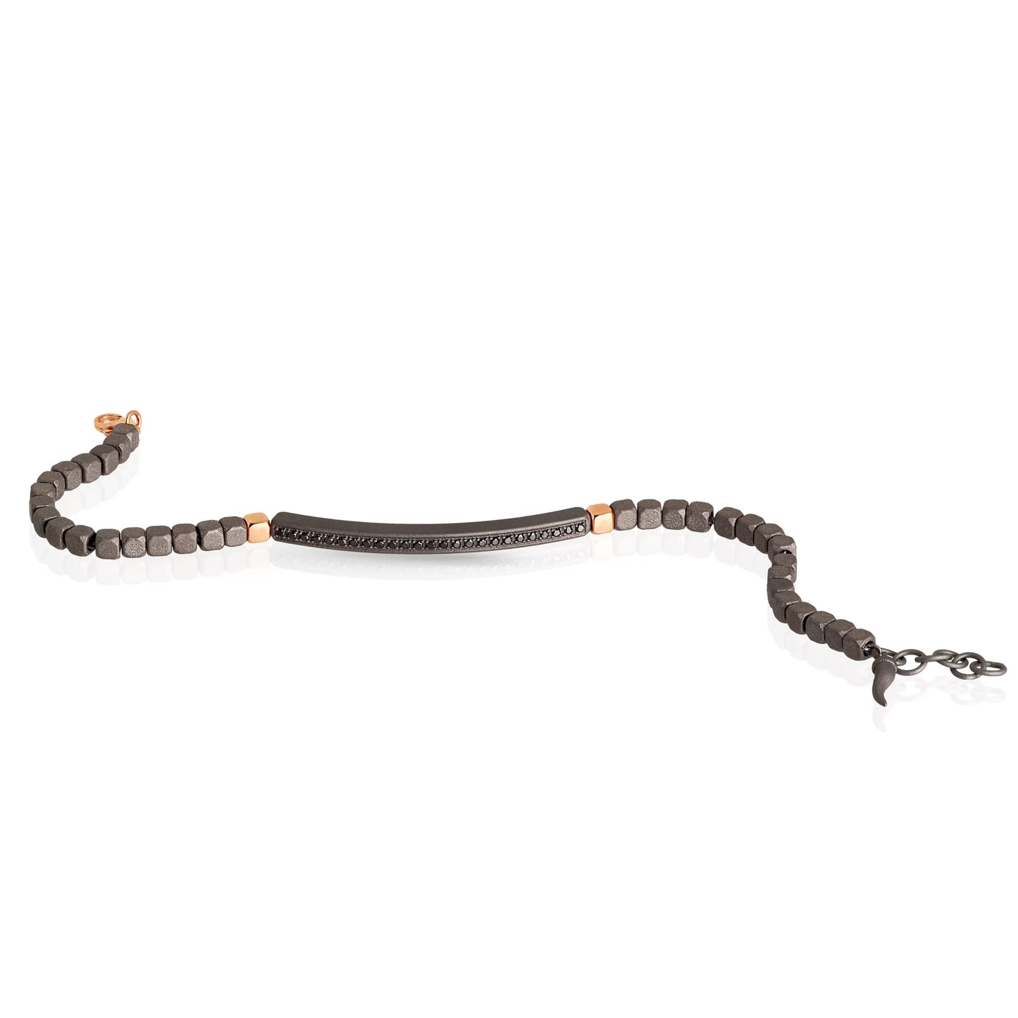 Mano J BRACCIALE IN TITANIO, 2 CUBI E CHIUSURA IN ORO ROSSO 9KT E DIAMANTI BLACK