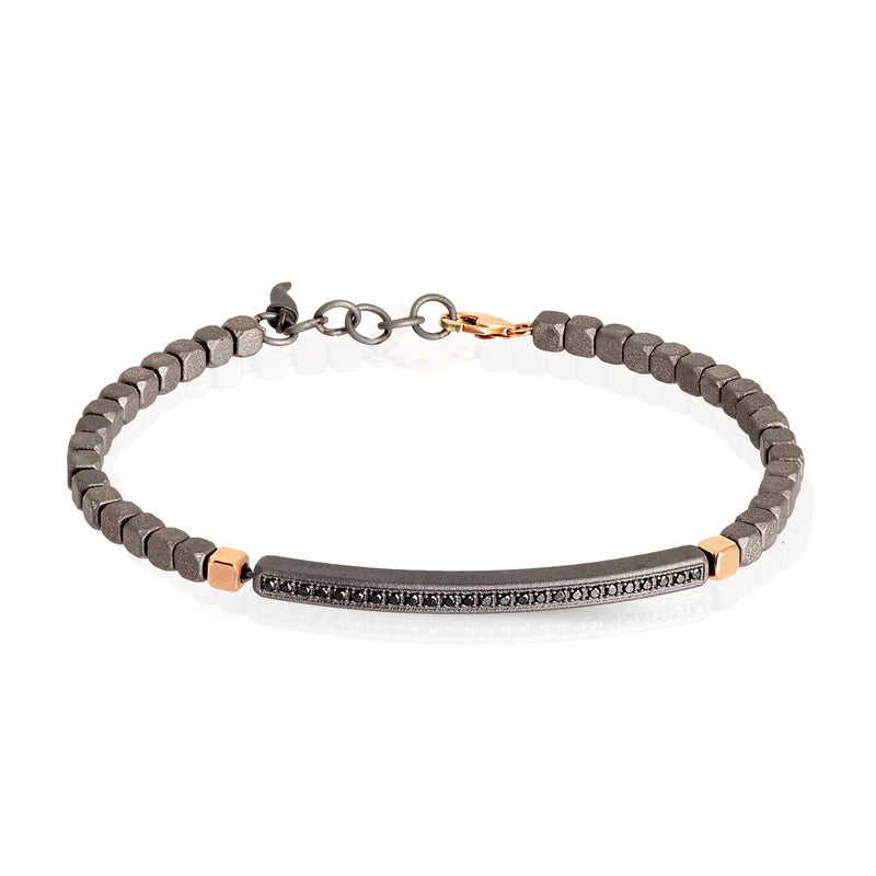 Mano J BRACCIALE IN TITANIO, 2 CUBI E CHIUSURA IN ORO ROSSO 9KT E DIAMANTI BLACK