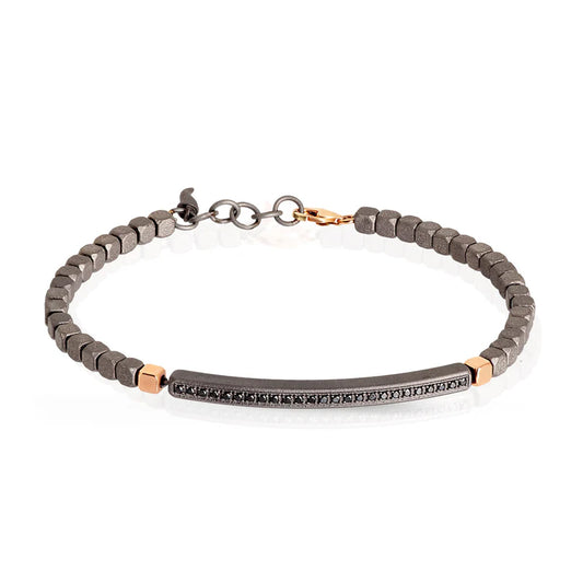 Mano J BRACCIALE IN TITANIO, 2 CUBI E CHIUSURA IN ORO ROSSO 9KT E DIAMANTI BLACK