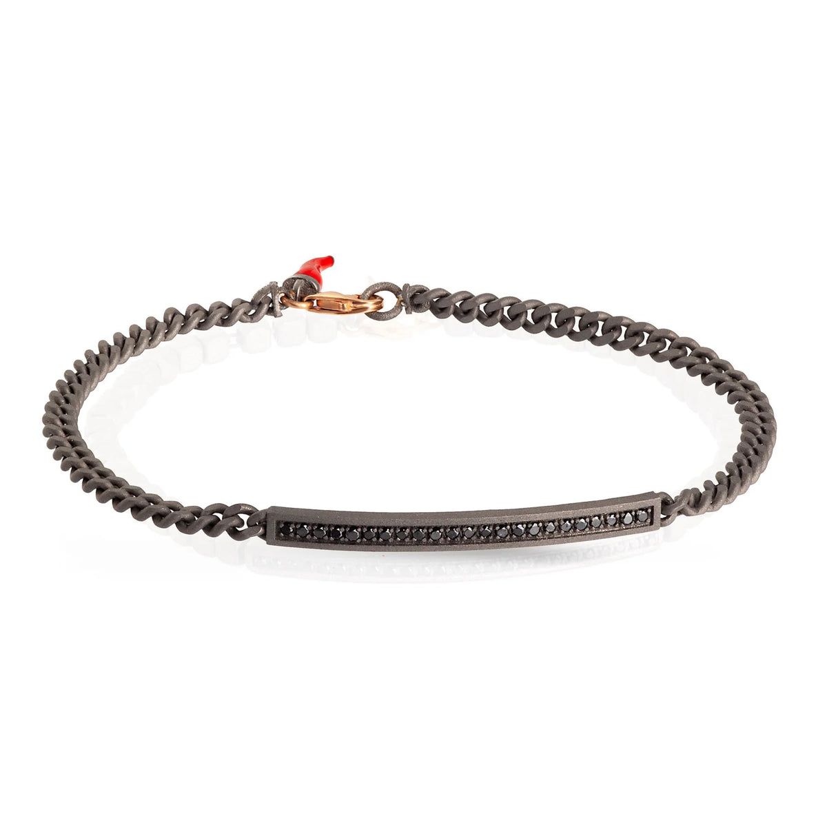 Mano J BRACCIALE UOMO IN TITANIO CON BARRETTA, DIAMANTI BLACK CON UNA CATENA GROUMETTE E ORO ROSSO 9KT