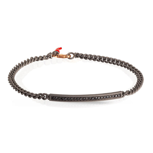 Mano J BRACCIALE UOMO IN TITANIO CON BARRETTA, DIAMANTI BLACK CON UNA CATENA GROUMETTE E ORO ROSSO 9KT